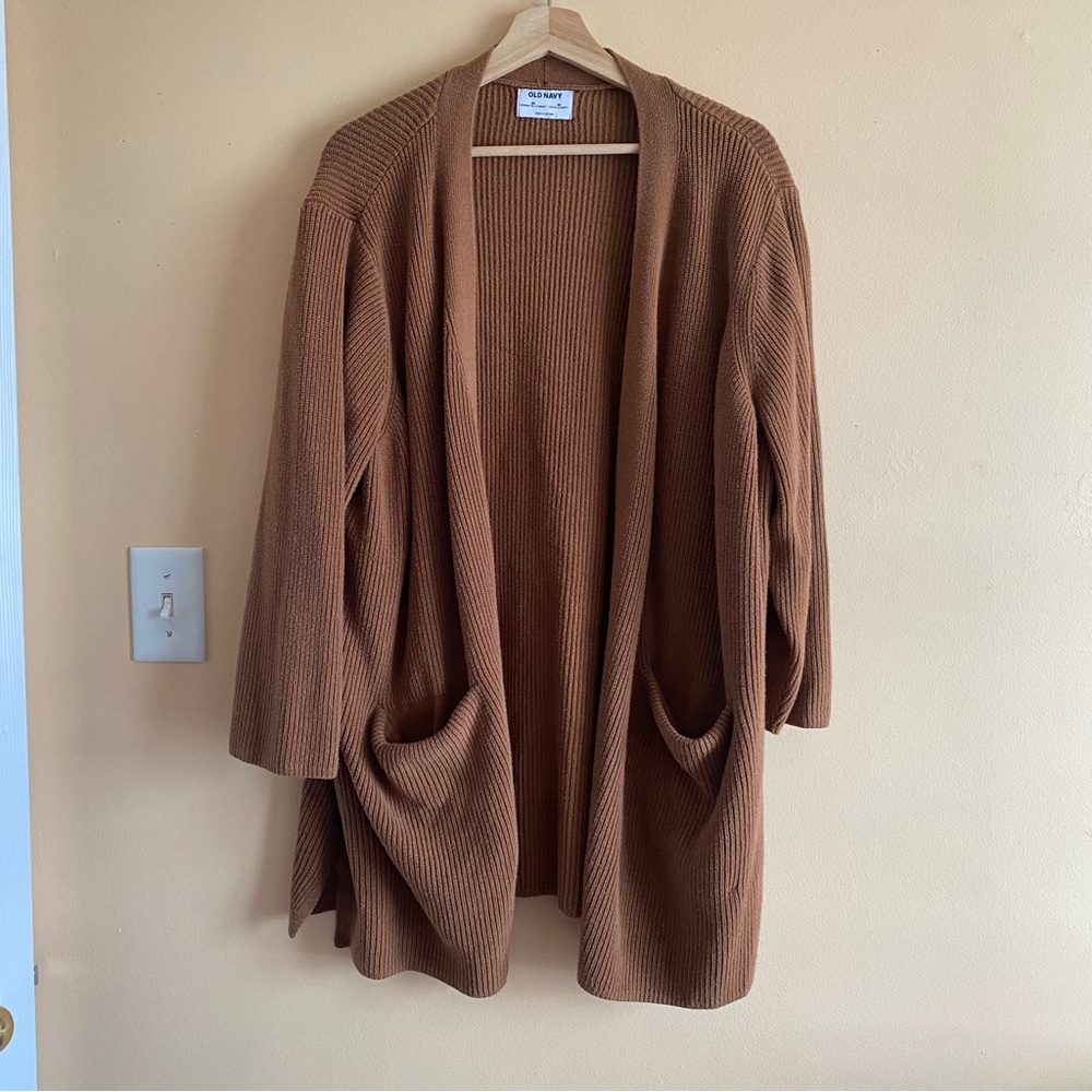 Old Navy Ribbed Open Front Cardigan 3X Brown Cozy Oversized Pockets 2023 - Picture 2 of 13